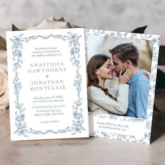 Elegantes French Blue Vintag Foto Wedding Einladung
