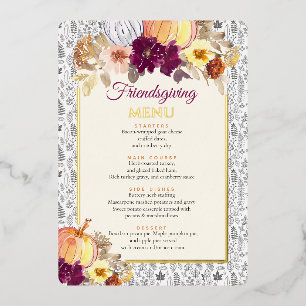 Elegantes Friendsgiving-Kürbis-Burgunder-Blumenmen Folien Feiertagskarte