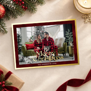 Elegantes Frohe Weihnachten Foto Roter Samt & Gold Folien Feiertagskarte