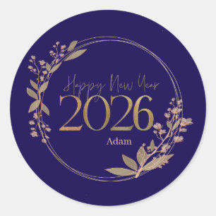 Elegantes Frohes Neues Jahr 2026 Blau & Gold Perso Runder Aufkleber