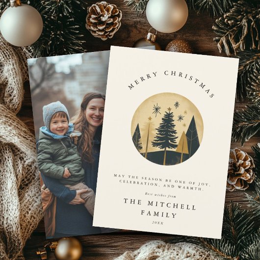 Elegantes fröhliches Foto im Pine Forest Feiertagskarte