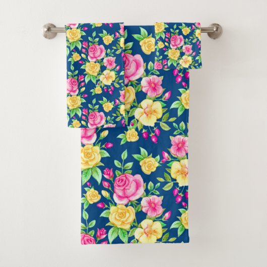 Elegantes Fuchsia Pink Gelbes Rosenblumenmuster Badhandtuch Set (Insitu)