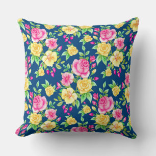 Elegantes Fuchsia Pink Gelbes Rosenblumenmuster Kissen