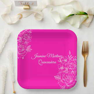 Elegantes Fuchsia-Rosa und Weiß Florales Papier Pappteller