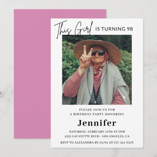 Elegantes Fun Pink Foto 98. Geburtstag Einladung (Vorne/Hinten)