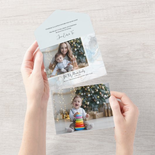 Elegantes Funkelnd Blue & Gold Alkoholink Foto All In One Einladung (Abreißen)