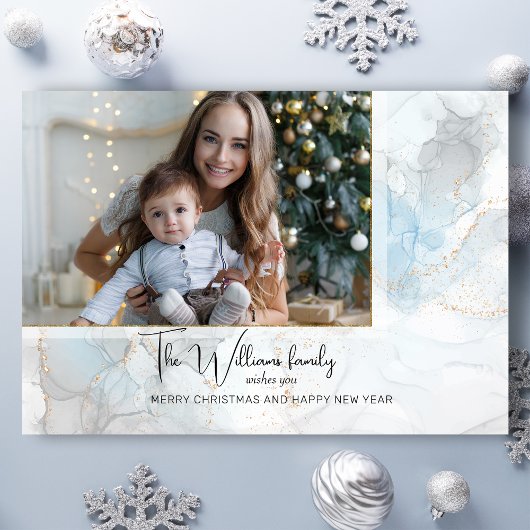 Elegantes Funkelnd Blue & Gold Alkoholink Foto Dreifach Gefaltete Urlaubskarte