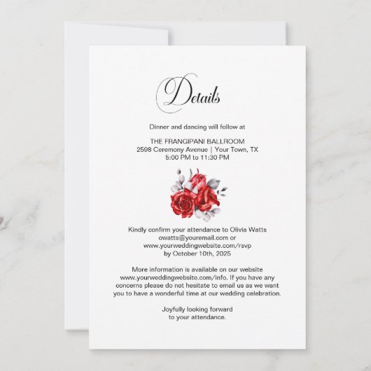 Elegantes Ganzes in einer Rote Rose Blumenhochzeit Einladung (Rückseite)