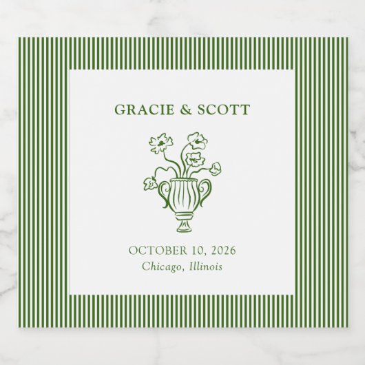 Elegantes Garden Party Handgezeichnete Grüne Hochz Schaumweinetikett (Einzelnes Label)