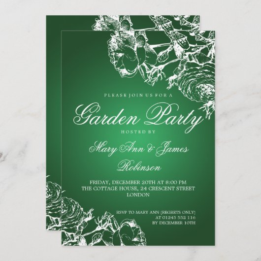 Elegantes Garden Party Rose Grün Einladung (Vorne/Hinten)