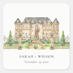 Elegantes Garten-Schloss-Anwesen-Watercolor-Hochze Quadratischer Aufkleber