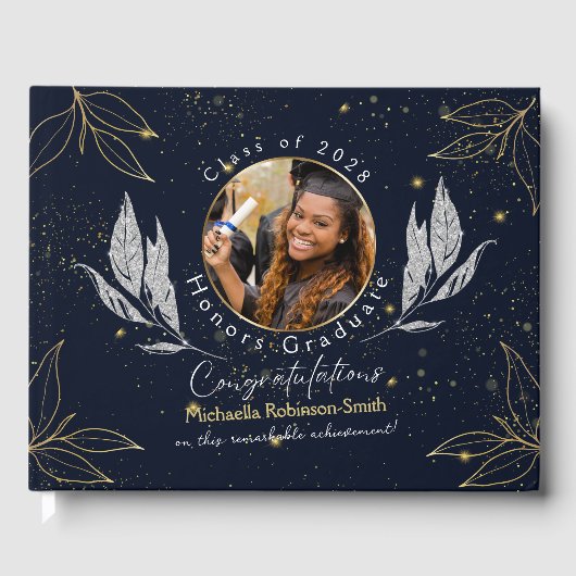 Elegantes Gästebuch Navy Gold Abschluss (Vorderseite)