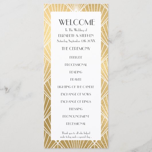 Elegantes Gatsby-Deco-Hochzeitsprogramm in Weiß un Programm (Vorderseite)