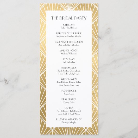 Elegantes Gatsby Deko White & Gold Hochzeitsprogra Programm (Rückseite)