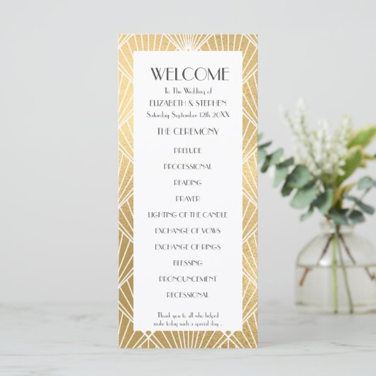 Elegantes Gatsby Deko White & Gold Hochzeitsprogra Programm (Stehend Vorderseite)