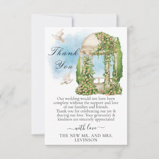 Elegantes Gazebo mit Blume, Bäumen und Tauben Dankeskarte (Vorderseite)