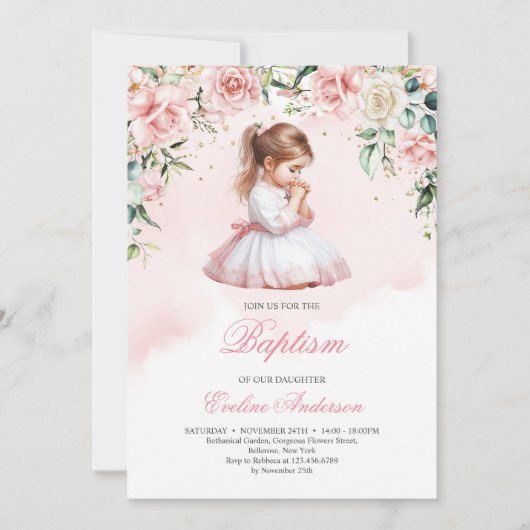 Elegantes Gebet kleine Mädchen Aquarellrosen Einladung (Vorderseite)