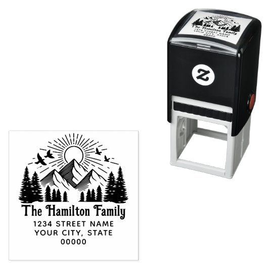 Elegantes Gebirge Bäume Sonnenvögel #2 Namensadres Permastempel (Beispiel)