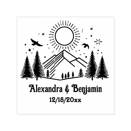 Elegantes Gebirge Bäume Sonnenvögel Datum Permastempel (Design)