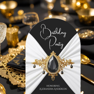Elegantes Geburtstags Weiß Schwarz Gold Juwel Seid Einladung