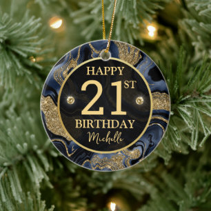 Elegantes Geburtstagsdesign in Navyblau und Goldgl Keramik Ornament