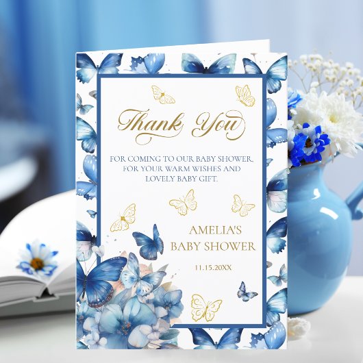 Elegantes, geklapptes Blue Butterfly Baby in Bloom Dankeskarte