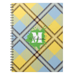 Elegantes Gelb-Blau-Karo-Tartan-Monogramm-Script Notizblock