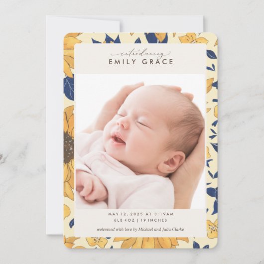 Elegantes Gelbblütengelbes Foto Geburtshinweis Einladung (Vorderseite)