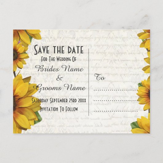 Elegantes Gelbblütenland Save the Date Ankündigungspostkarte (Rückseite)