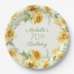 Elegantes gelbes Aquarell-Blumen-70. Geburtstag Pappteller