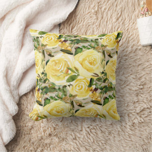 Elegantes gelbes Aquarell-Blumen-Rosen-Grün Kissen