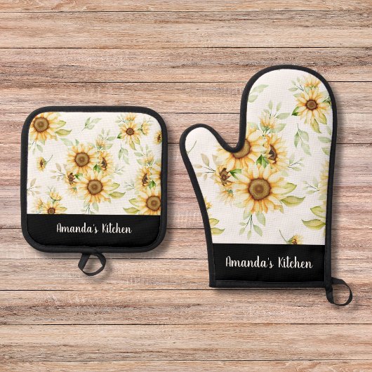 Elegantes Gelbes Blumen & Kraft Personalisiertes G Ofenhandschuh & Topflappen-Set