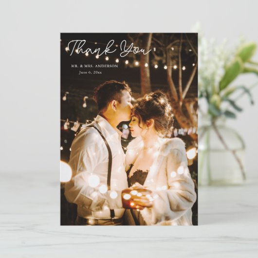 Elegantes Gelbes Blumenhochzeitungs-Foto Dankeskarte (Stehend Vorderseite)