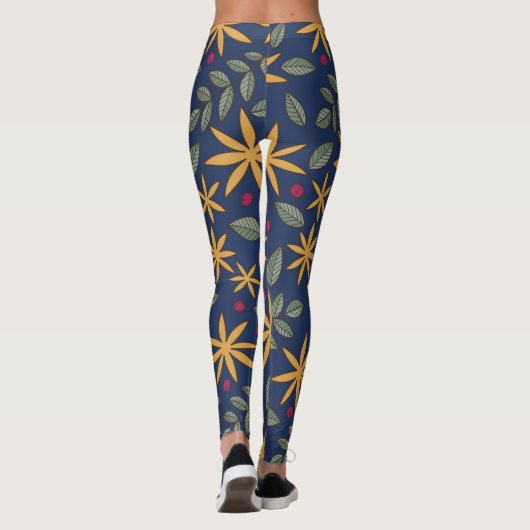 Elegantes gelbes Blumenmuster auf blau Leggings (Rückseite)