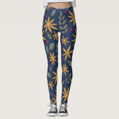 Elegantes gelbes Blumenmuster auf blau Leggings (Vorderseite)
