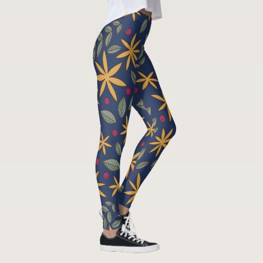 Elegantes gelbes Blumenmuster auf blau Leggings (Rechts)