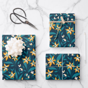 Elegantes gelbes Blumenmuster in dunkelgrünen Blät Geschenkpapier Set