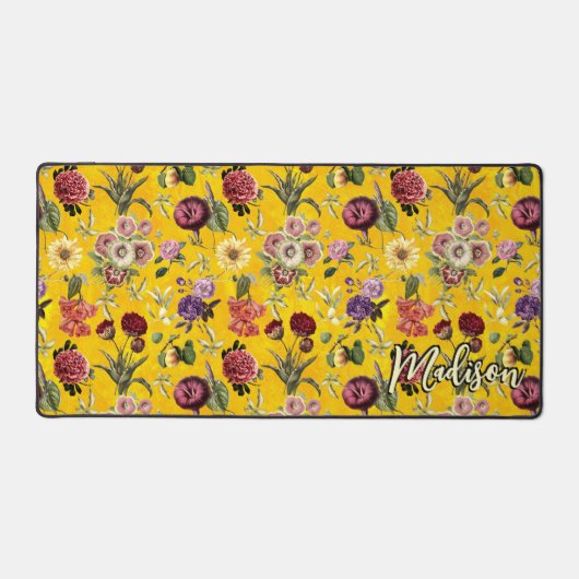 Elegantes gelbes Blumenmuster Monogramm Schreibtischunterlage (Vorderseite)