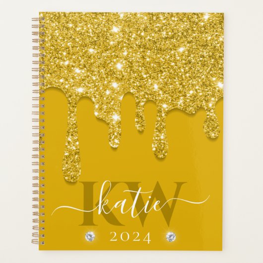 Elegantes Gelbes Dripping-Glitzer Monogramm Planer (Vorderseite)