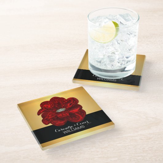 Elegantes gelbes Gold u. schwarze rote Glasuntersetzer (Schrägansicht)