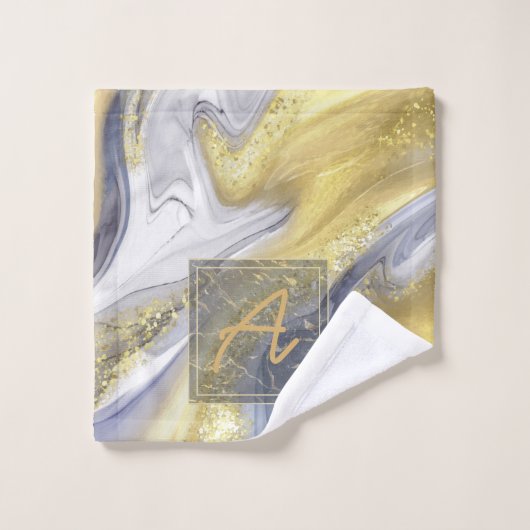 Elegantes Gelbes Graues Gold Marmoreffekt Monogram Badhandtuch Set (Waschlappen)