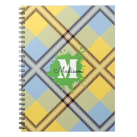 Elegantes, gelbes, Kariertes Tartan Monogram Scrip Notizblock (Vorderseite)
