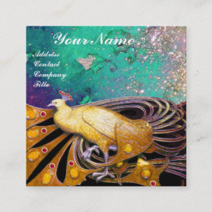 ELEGANTES GELBES PEACOCK UND GRÜNE BLÄTTER QUADRATISCHE VISITENKARTE