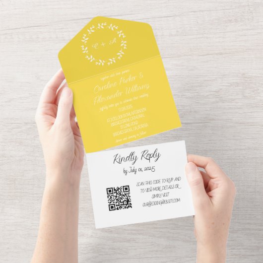 Elegantes Gelbes Script Moderner UAWG QR Code All In One Einladung (Abreißen)