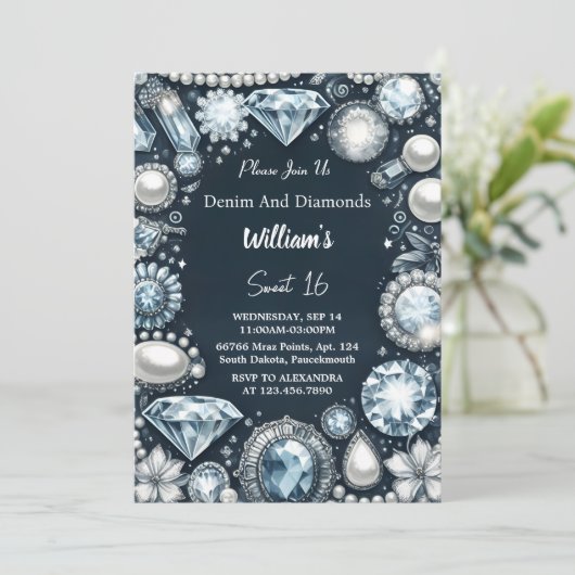 Elegantes Gem Bling Denim und Diamonds Sweet 16 Einladung (Stehend Vorderseite)
