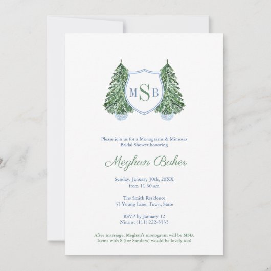 Elegantes, gemütliches Monogramm Mimosas Brautpart Einladung (Vorderseite)