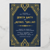 Elegantes geometrisches Art Deco Hochzeit Navy Blu Folieneinladung (Vorderseite)