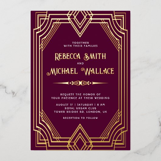 Elegantes geometrisches Art Deco Wedding Pum Gold Folieneinladung (Vorderseite)