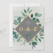 Elegantes geometrisches Blattwerk , graue Hochzeit Einladung (Rückseite)