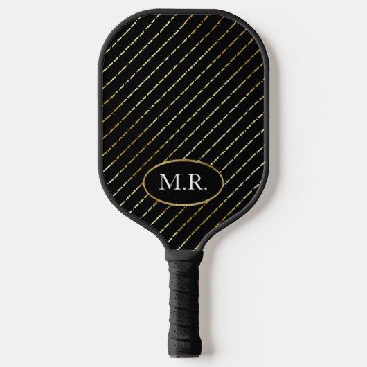 Elegantes geometrisches Gold auf schwarz Personali Pickleball Schläger (Vorderseite)